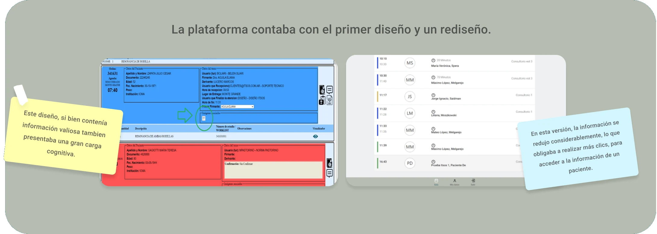 La plataforma contaba con el primer diseño y un rediseño. Primer diseño: contenía información valiosa pero con gran carga cognitiva. Rediseño: la información se redujo y obligaba a hacer más clics para acceder a los datos de un paciente.