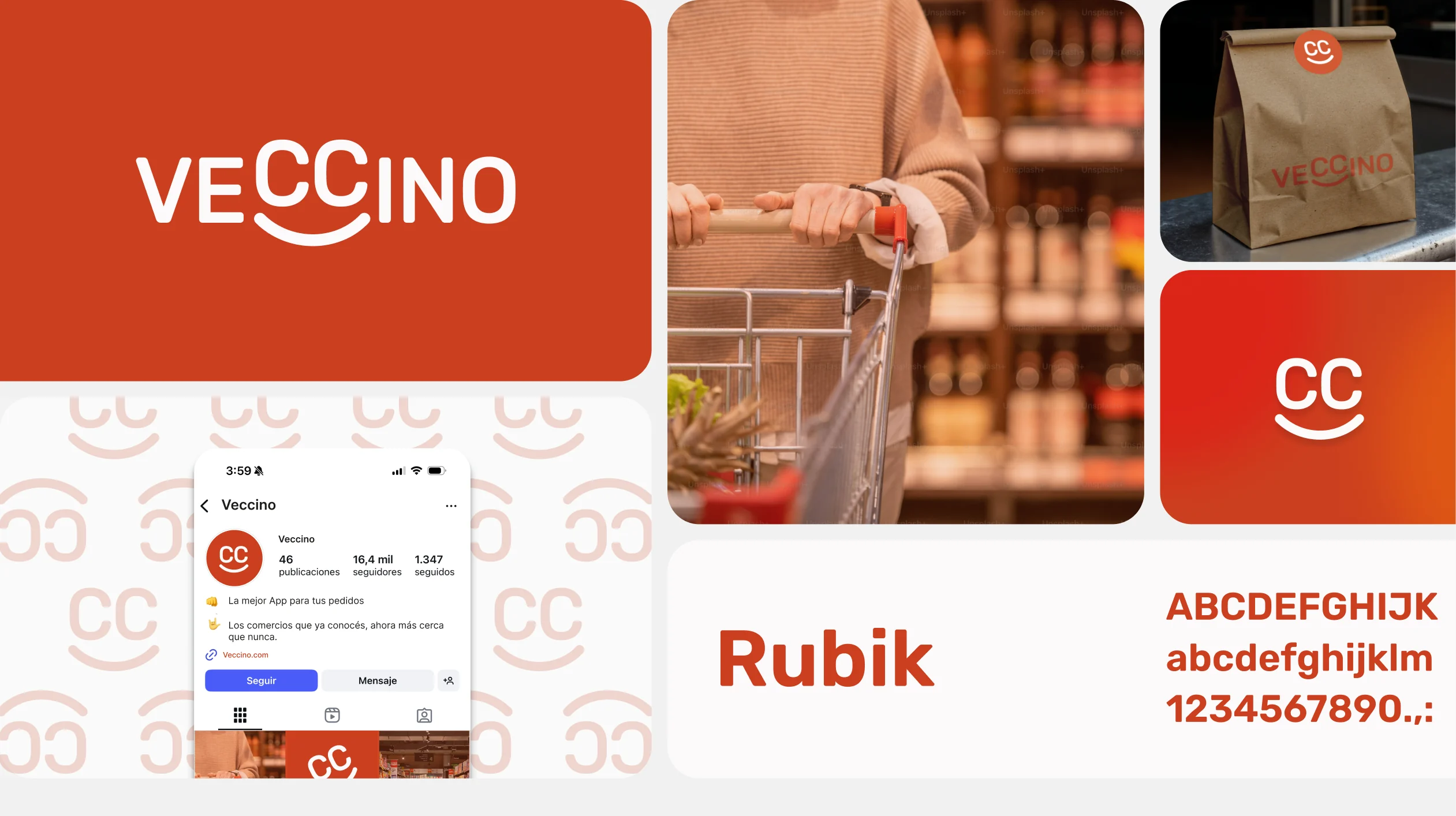 Identidad de marca: logotipo, fotografía de carrito de compras, bolsa de papel, isotipo, perfil de redes y tipografía Rubik
