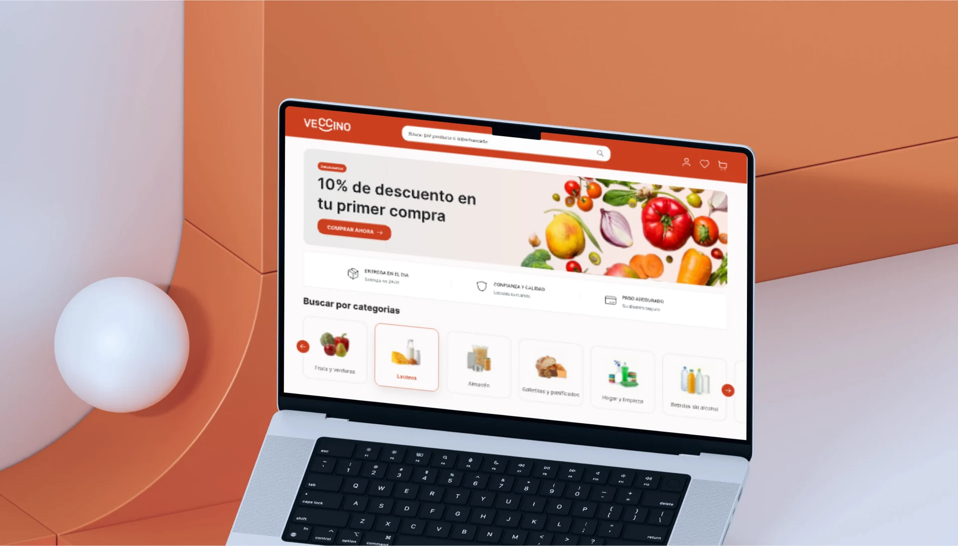 Veccino en un notebook sobre fondo naranja